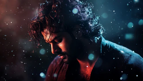 Cinematic low key portrait with bokeh particles and split lighting