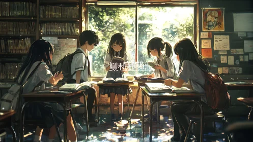 Soft sunlight study circle in a quiet after-school classroom.