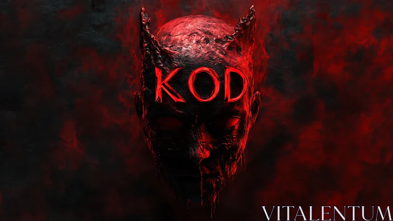 Demonic KOD mask in red smoke with glowing carved text.