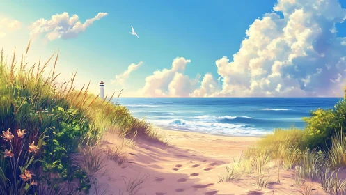 Sunlit dune path leads toward calm sea and lighthouse.