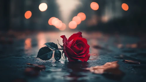 Cinematic macro of fallen red rose on rain-slick street surface.