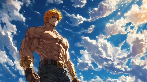 Muscular anime warrior under expansive bright sky.