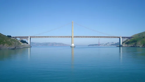 Suspension bridge spans calm bay between two green headlands