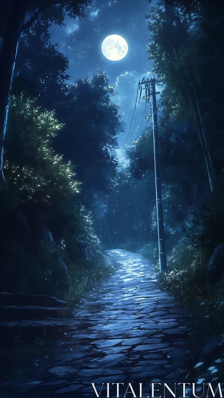 Moonlit stone path through wooded area with utility pole.