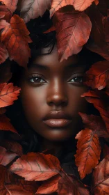 Quiet autumn portrait nestles a serene face in rust leaves