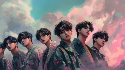 Dreamy sky-lit portrait line of stylish young men.