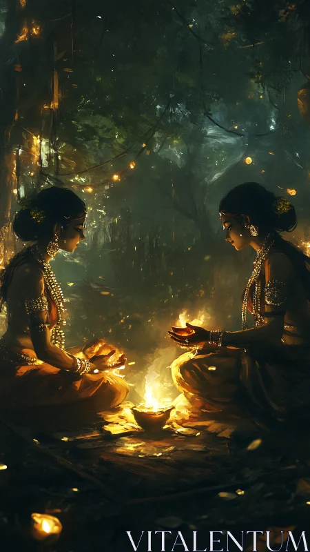 Two seated women with lamps around small fire in forest scene.