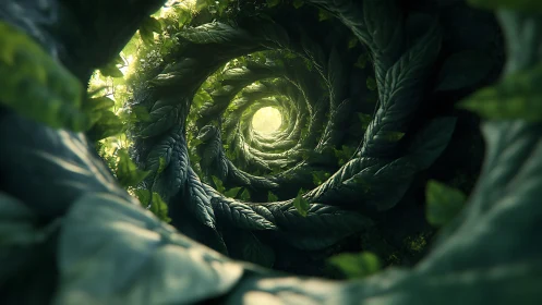 Spiral jungle corridor curls toward a whispered green dawn