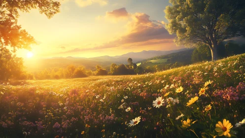 Sunlit wildflower meadow stretching toward distant hills.