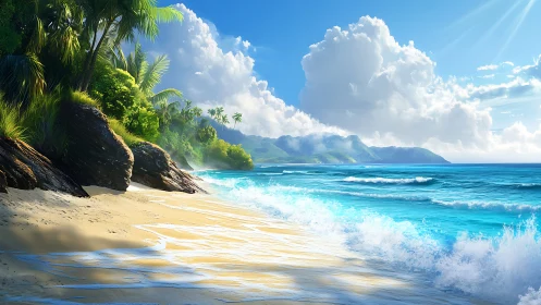 Tropical Shoreline with Palmfronds, Mountain Range, and Dynamic Wave Action