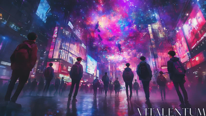 Teenagers watch neon cosmic sky above misty city street