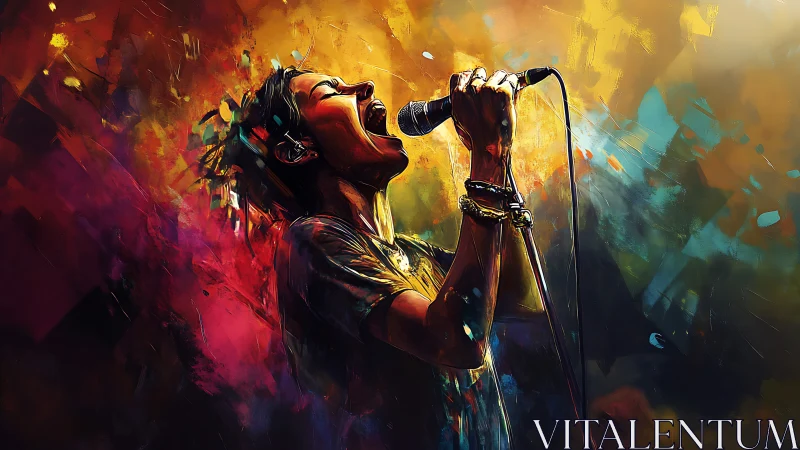 Dynamic vocalist in abstract neon lighting with vivid brush textures