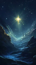 Guiding winter star above a quiet blue mountain pass.