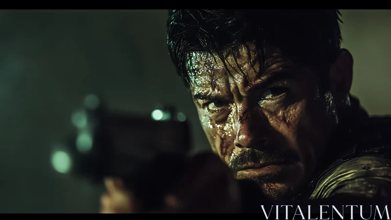 Close-up shot shows armed, sweat-covered man aiming weapon