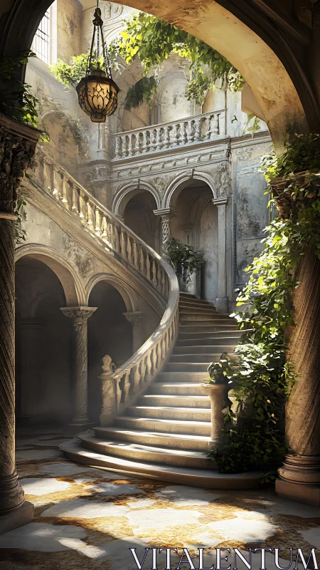 Sunlit ivy stairway inviting quiet, timeless daydreams.