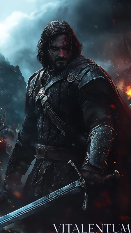 Battle-worn medieval swordsman in cinematic ember-lit storm