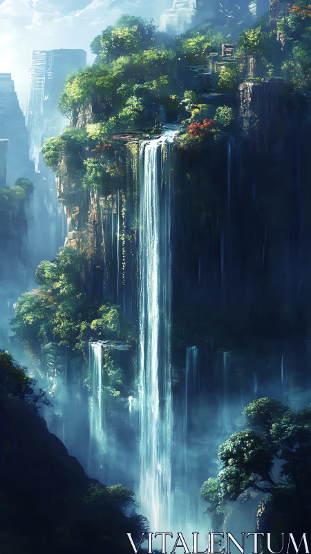 Hidden cliffside waterfalls in a misty sky jungle sanctuary.