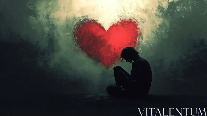 Shadowed soul beneath a burning red heart of quiet ache.