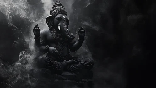 Quietly radiant Ganesha statue sits in swirling dark mist
