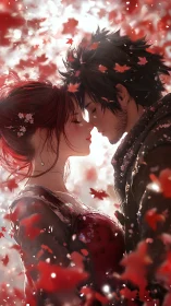 Lovers embrace within swirling red petals and luminescent particles.