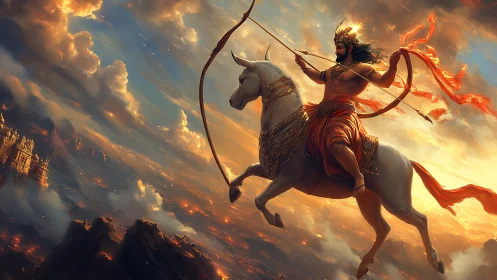 Skyborne warrior prince rides through molten sunset clouds.