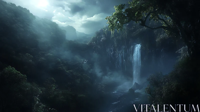 Mystic jungle waterfall shimmers beneath moody twilight skies.