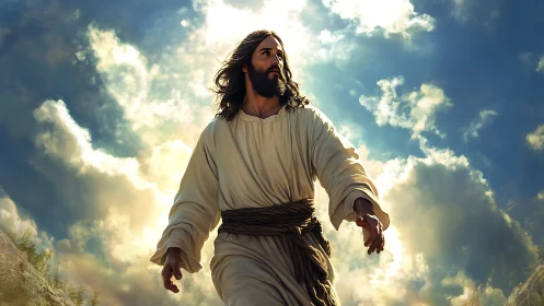 Radiant robed figure ascending through volumetric cloud strata.