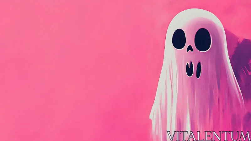 Minimalist pink ghost illustration with stylized flat shading.