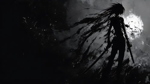 Silhouetted katana warrior in monochrome abstract storm.