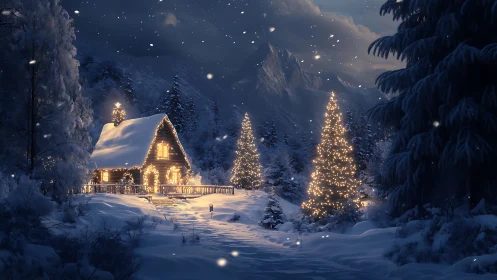 Snowy cabin with glowing Christmas lights at dusk.