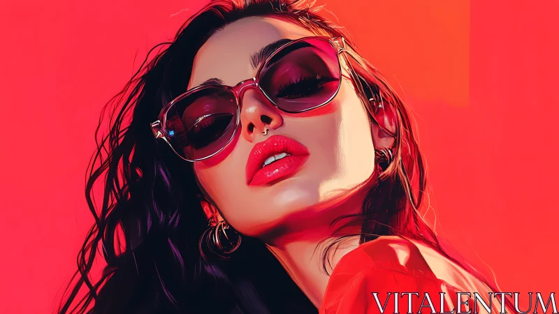 Chromatic portrait of stylized woman in reflective sunglasses.
