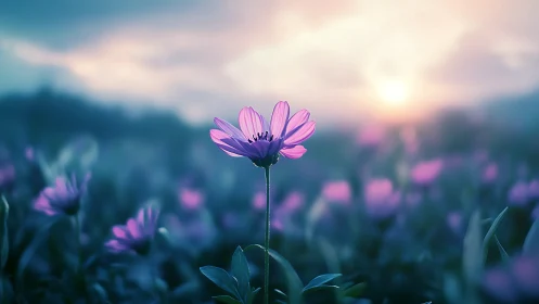 Single purple wildflower in soft focus field at sunrise.
