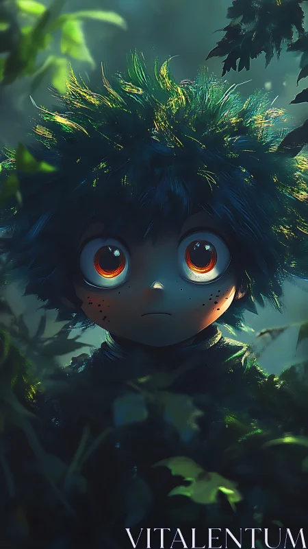Child with large luminous eyes stands partially obscured in foliage