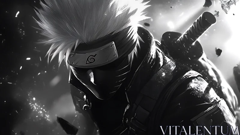 Masked white-haired ninja in dramatic grayscale battle scene.