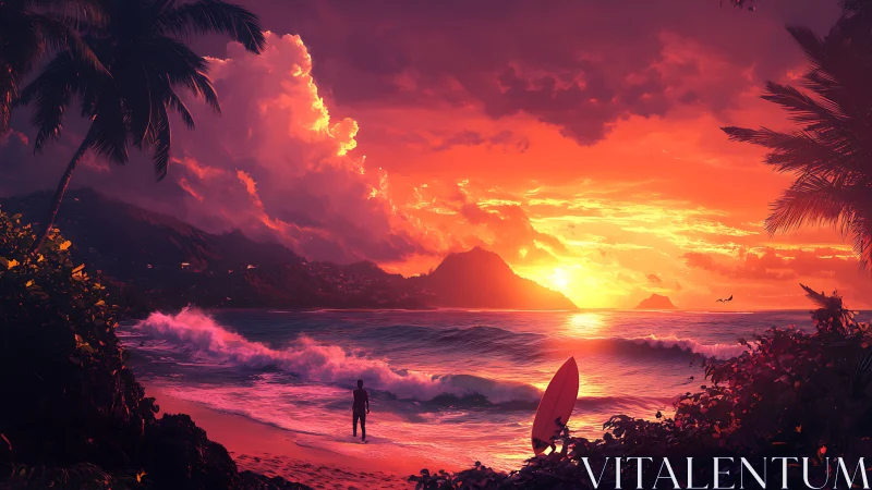 Luminous tropical surfscape under volumetric sunset sky.