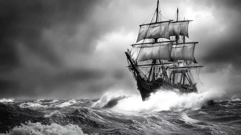 Storm-driven square-rigged tall ship in high-contrast seascape.