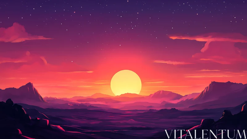 Digital landscape with stylized sunset over distant mountains.