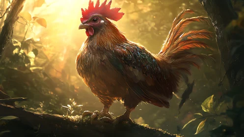 Majestic Rooster Glowing in Golden Forest Light.