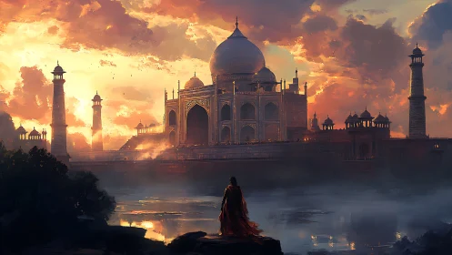Twilight pilgrim before a burning sky over Taj Mahal dreams.