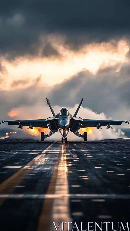 Carrier-based strike fighter on vapor-shrouded deck at dawn.