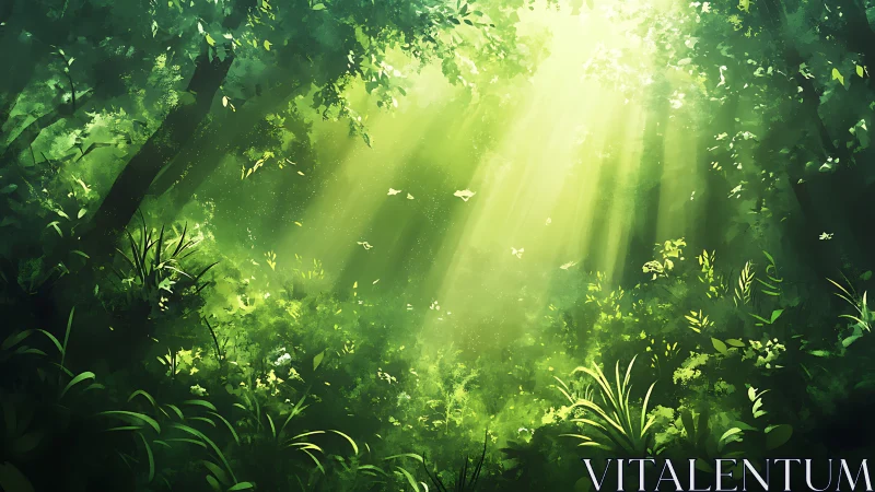 Sunlit forest glade with lush emerald foliage and misty rays.