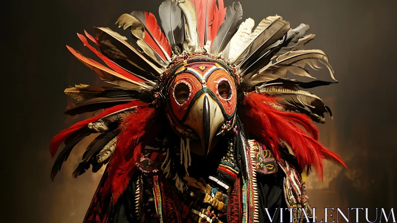 Masked shaman in ornate feathered bird headdress stands solemn