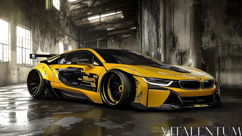 Urban thunderbolt BMW racer glows in stormy warehouse light.