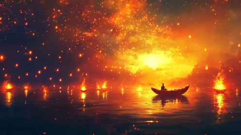 Solitary boatman rows through lake surrounded by floating flames