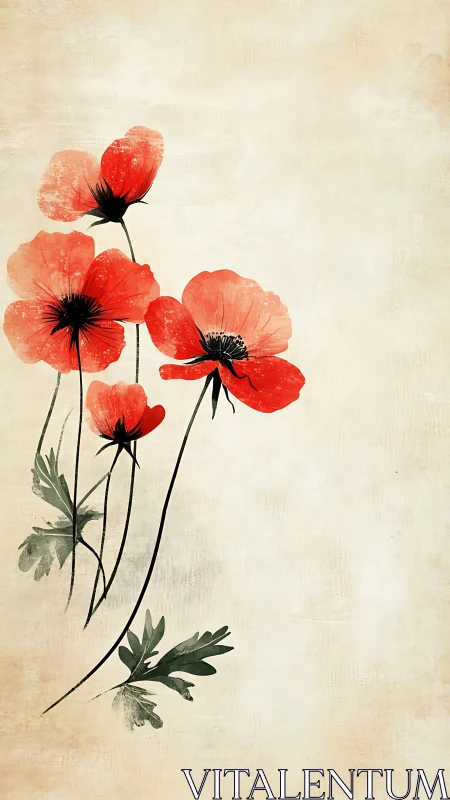 Minimalist Red Poppies with Delicate Translucent Petals Rendered in Watercolor Technique