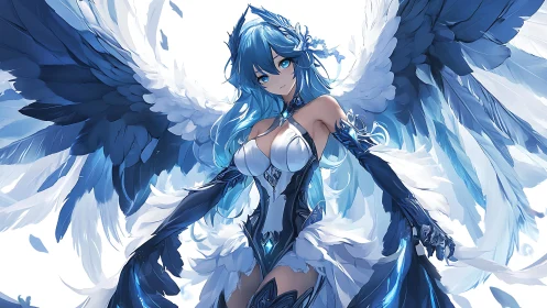 Celestial blue-winged guardian in luminous anime armor.