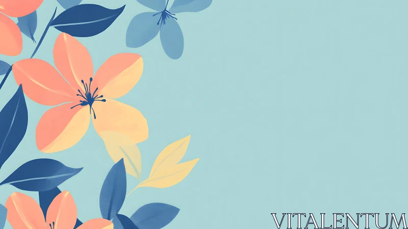 Floral Composition with Coral and Azure Botanical Elements