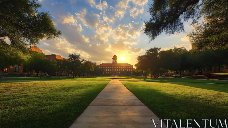 Sunlit campus quad channels strong linear perspective at dusk