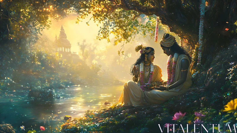 Divine lovers beside river under golden forest light.