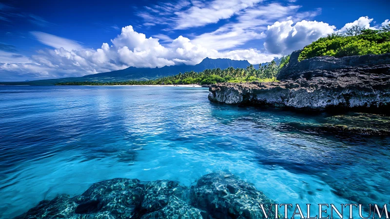 Coastal lagoon with clear water, rocky shore and distant peaks.